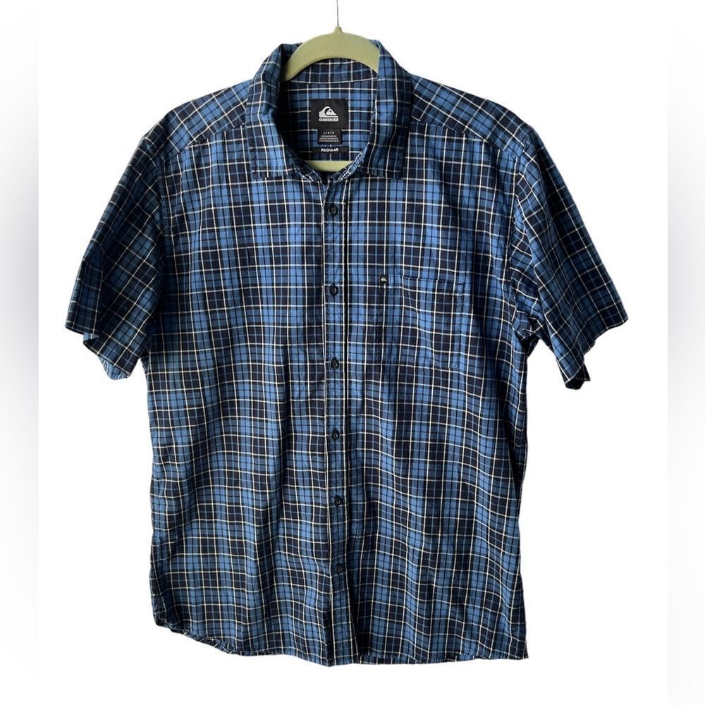 Quiksilver Men Size Large Blue White Plaid Button Up Pocket